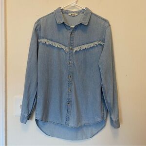 ROLLA’S Frayed Fringe Detail Denim Button Down Shirt Light Vintage Blue Medium
